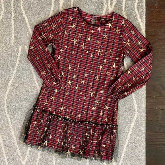 Imoga Red Plaid Long Sleeve Dress with Black Gold Star Overlay Size 8